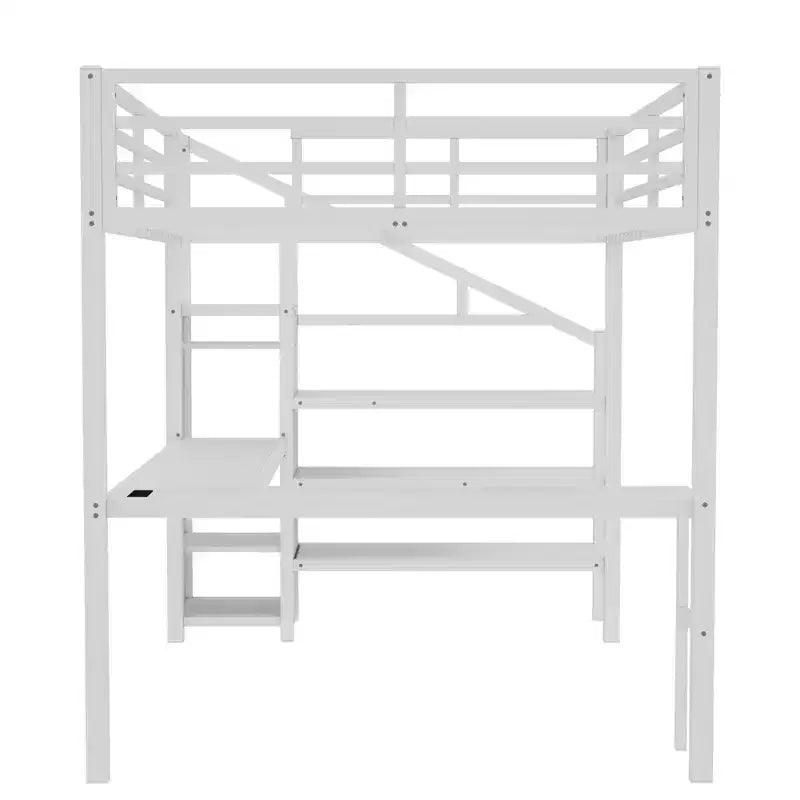 Bellemave Metal Loft Bed with L-Shaped Desk, Wardrobe & Adjustable Storage, USB & LED Lights, High Loft Bed for Kids, Teens & Adults, White