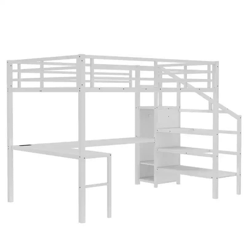 Bellemave Metal Loft Bed with L-Shaped Desk, Wardrobe & Adjustable Storage, USB & LED Lights, High Loft Bed for Kids, Teens & Adults, White