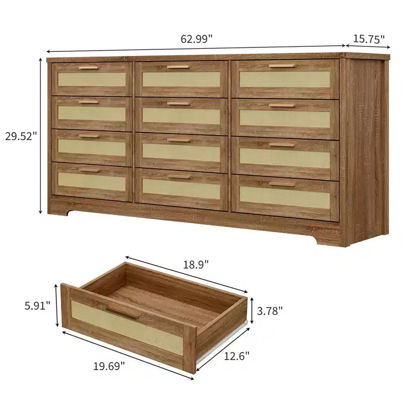 12 Drawer Dresser, Rattan Chest of Drawers, Closet Clothes Storage Organizer, Dressers with Drawers for Bedroom, Living Room