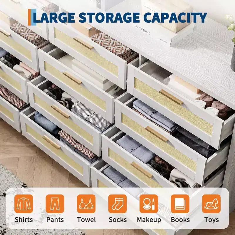 12 Drawer Dresser, Rattan Chest of Drawers, Closet Clothes Storage Organizer, Dressers with Drawers for Bedroom, Living Room