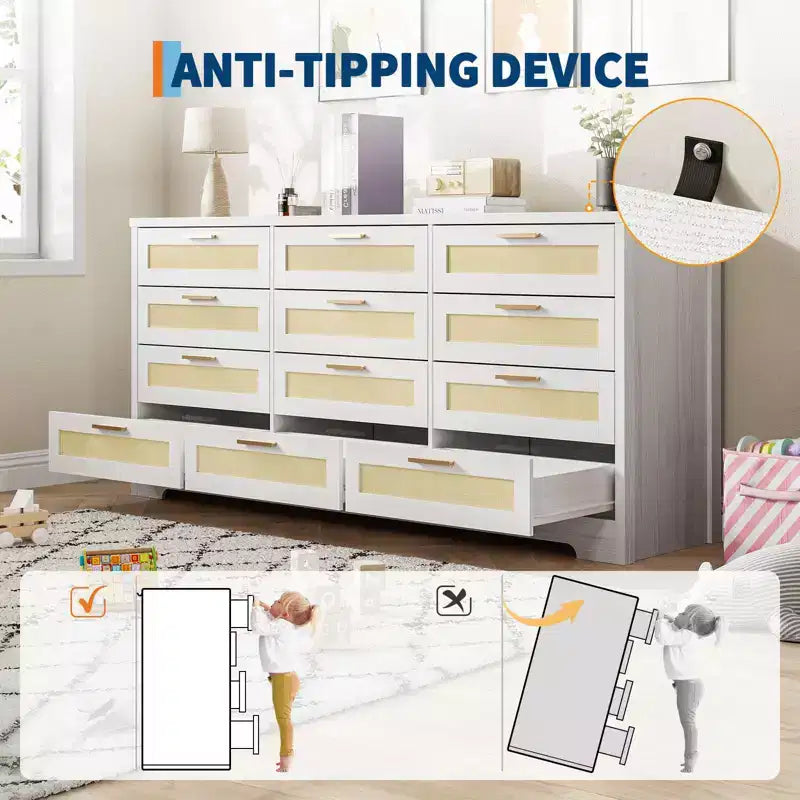 12 Drawer Dresser, Rattan Chest of Drawers, Closet Clothes Storage Organizer, Dressers with Drawers for Bedroom, Living Room