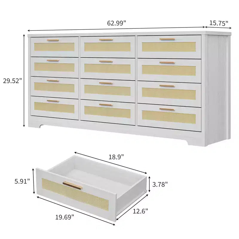 12 Drawer Dresser, Rattan Chest of Drawers, Closet Clothes Storage Organizer, Dressers with Drawers for Bedroom, Living Room