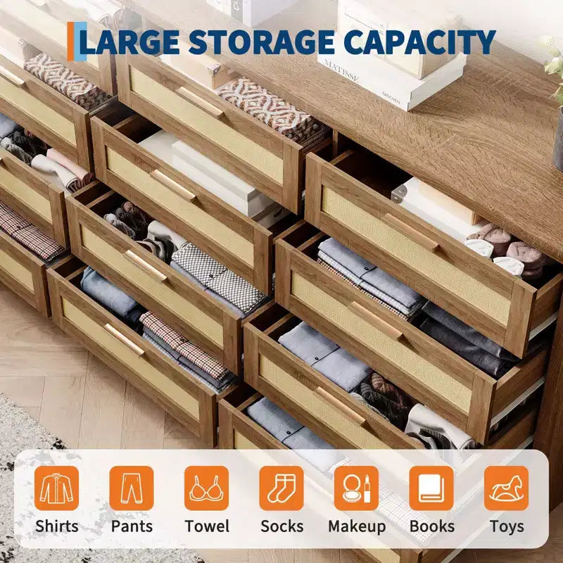 12 Drawer Dresser, Rattan Chest of Drawers, Closet Clothes Storage Organizer, Dressers with Drawers for Bedroom, Living Room