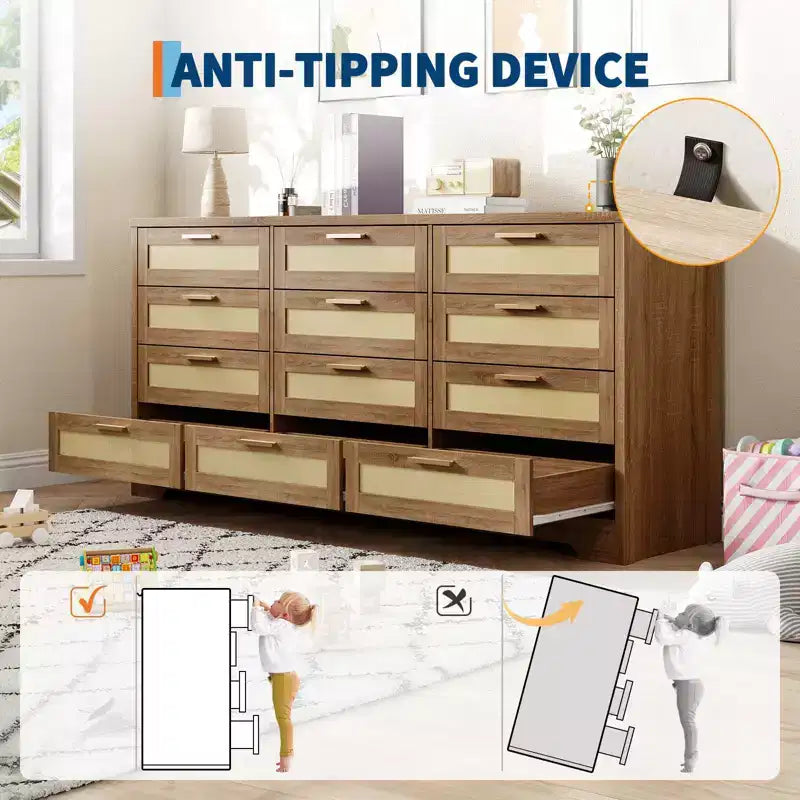 12 Drawer Dresser, Rattan Chest of Drawers, Closet Clothes Storage Organizer, Dressers with Drawers for Bedroom, Living Room