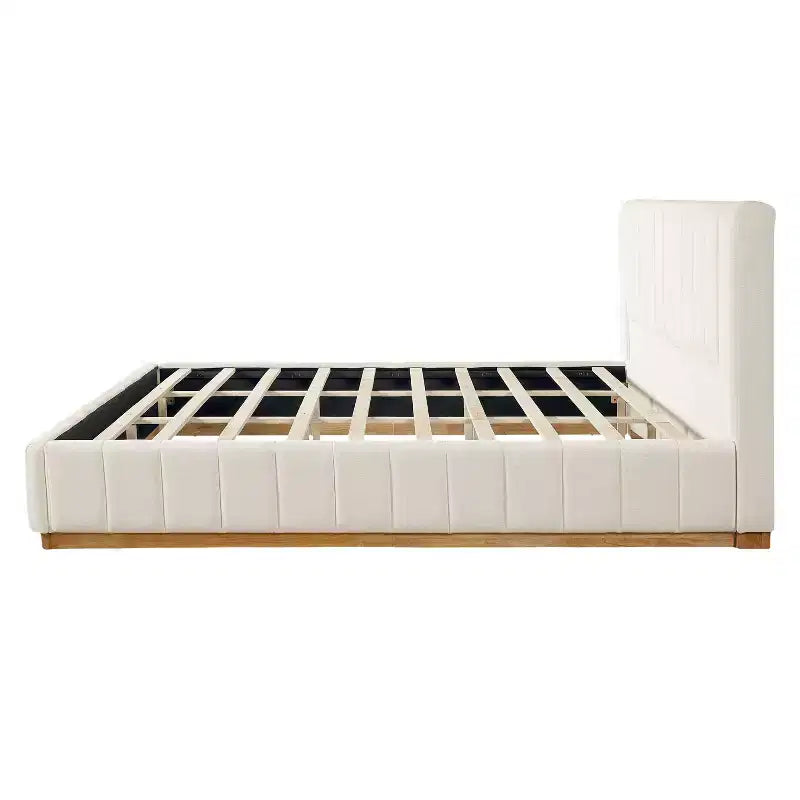 Queen/King Size Platform Bed Frame with Upholstered Headboard & Minimalist Striped Fabric, Beige - ModernLuxe