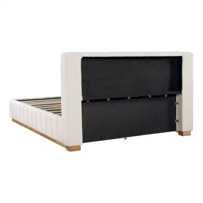 Queen/King Size Platform Bed Frame with Upholstered Headboard & Minimalist Striped Fabric, Beige - ModernLuxe