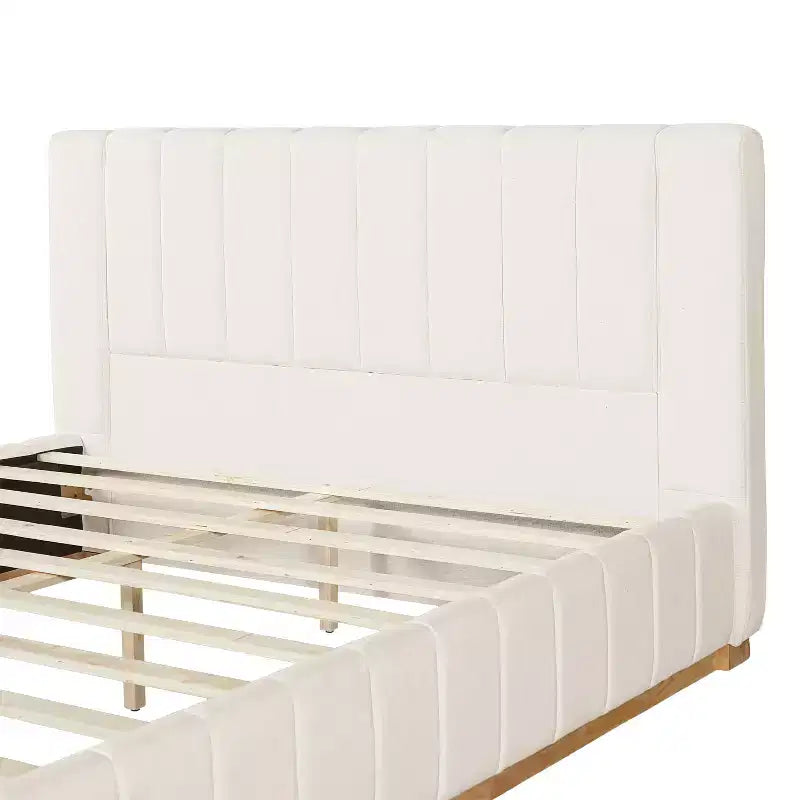 Queen/King Size Platform Bed Frame with Upholstered Headboard & Minimalist Striped Fabric, Beige - ModernLuxe