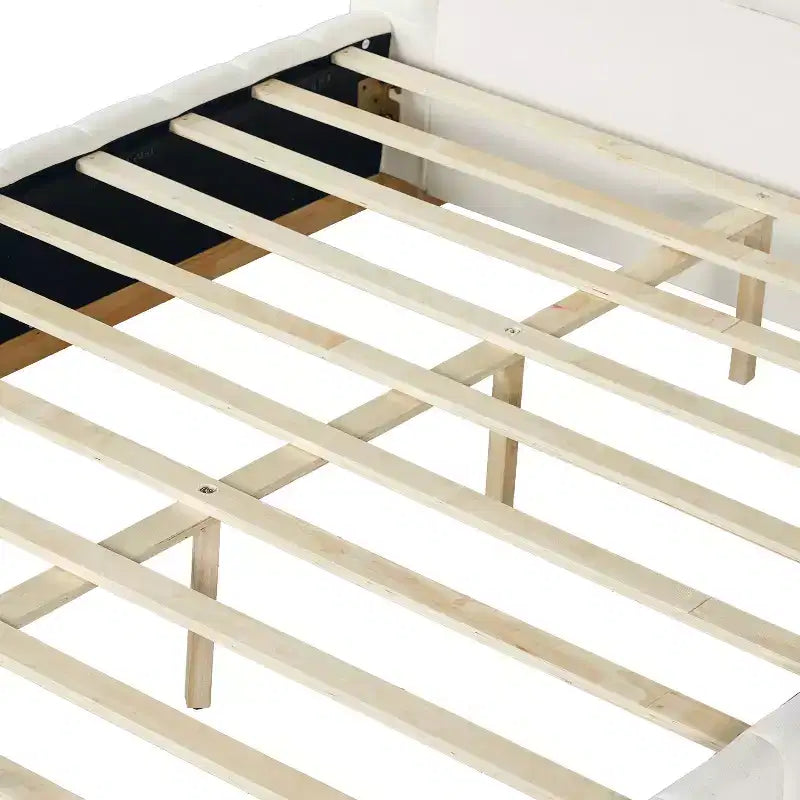 Queen/King Size Platform Bed Frame with Upholstered Headboard & Minimalist Striped Fabric, Beige - ModernLuxe