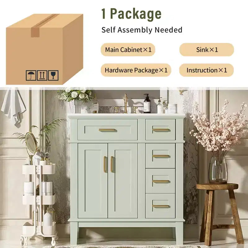 30 Bathroom Vanity with Sink, Bathroom Storage Cabinet with Soft-Close Doors and Drawers for Small Space