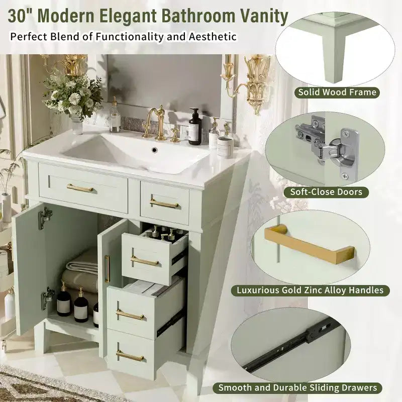 30 Bathroom Vanity with Sink, Bathroom Storage Cabinet with Soft-Close Doors and Drawers for Small Space