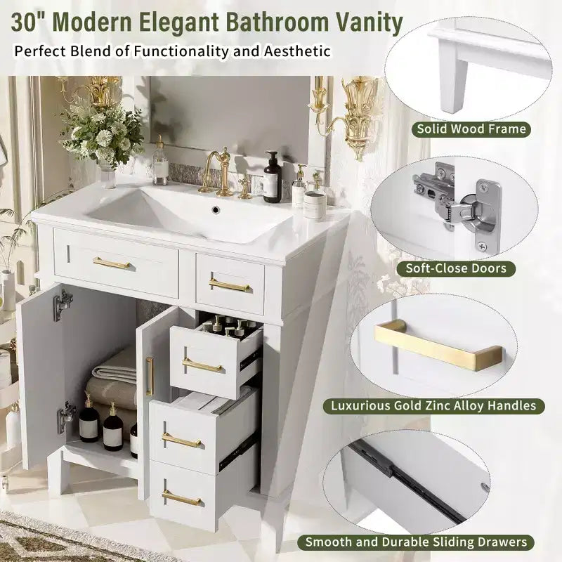 30 Bathroom Vanity with Sink, Bathroom Storage Cabinet with Soft-Close Doors and Drawers for Small Space