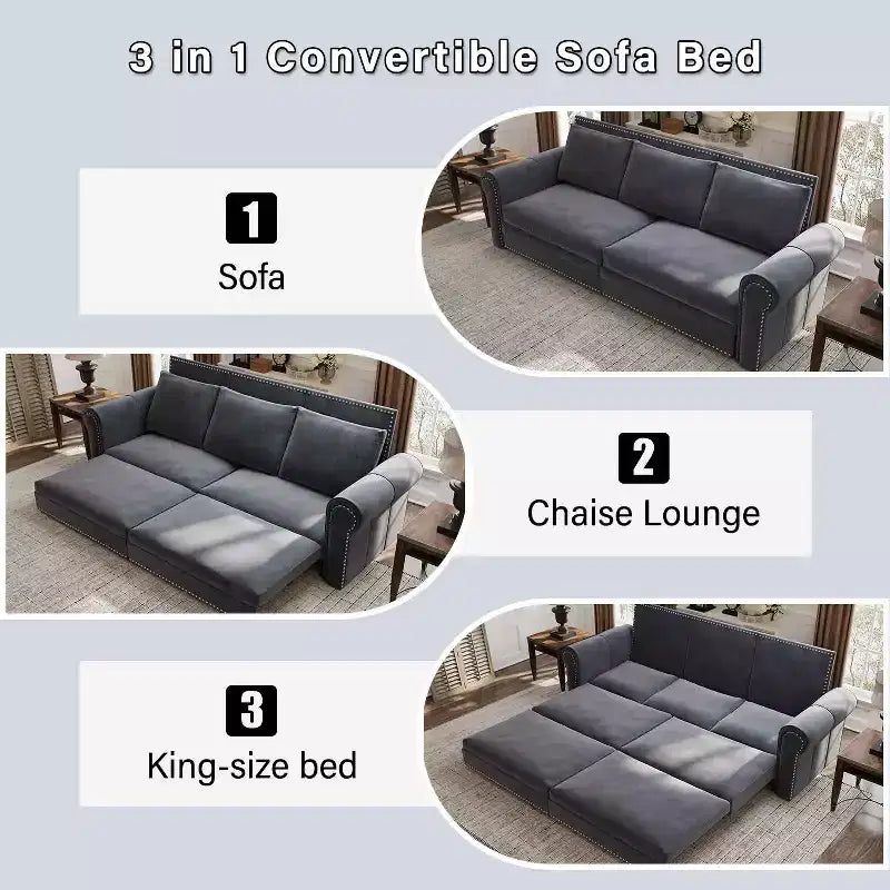 MAYEERTY 93.7 King Pull Out Sofa Bed, 3-in-1 Velvet Convertible Sleeper Sofa with Nailhead Trim& Rolled Arm Gray