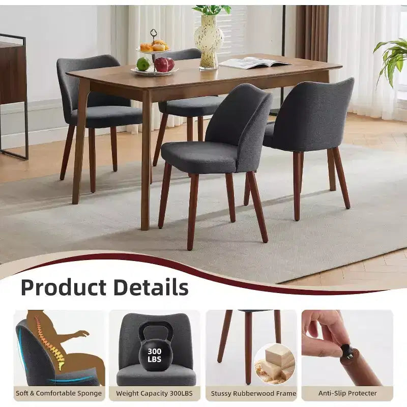 Linen Upholstered Dining Chair with Solid Wood Legs, Wooden Kitchen Chair, Kitchen Chairs with Thick Cushions for Dining Room, Living Room