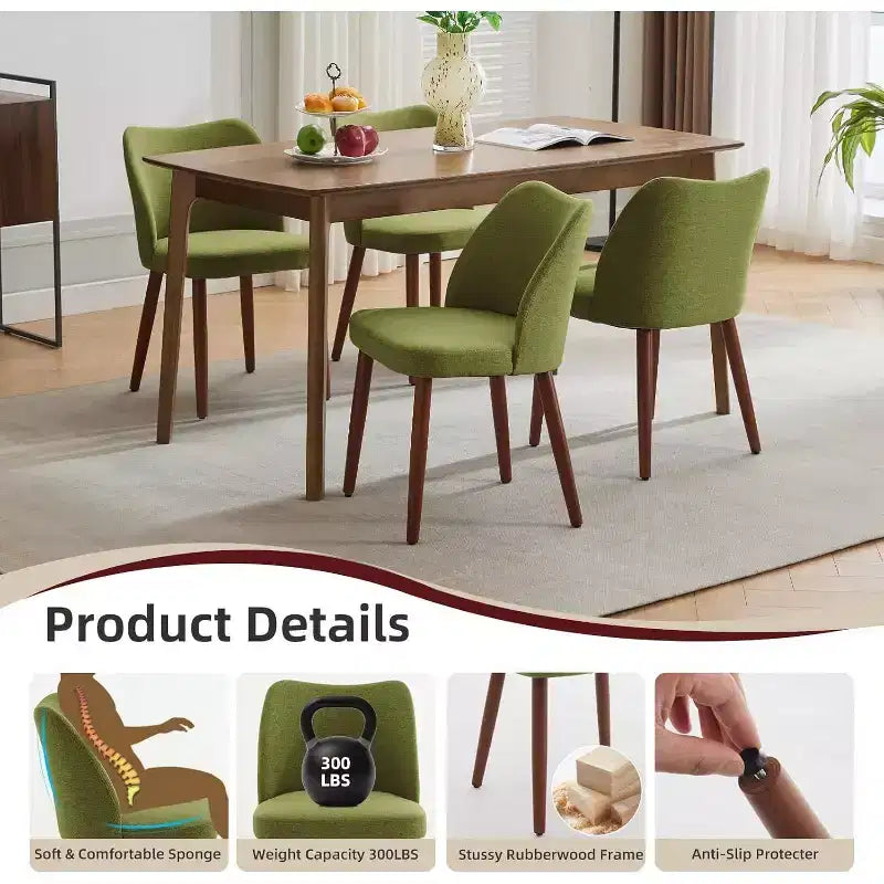 Linen Upholstered Dining Chair with Solid Wood Legs, Wooden Kitchen Chair, Kitchen Chairs with Thick Cushions for Dining Room, Living Room