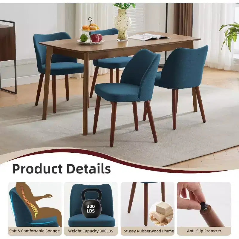 Linen Upholstered Dining Chair with Solid Wood Legs, Wooden Kitchen Chair, Kitchen Chairs with Thick Cushions for Dining Room, Living Room