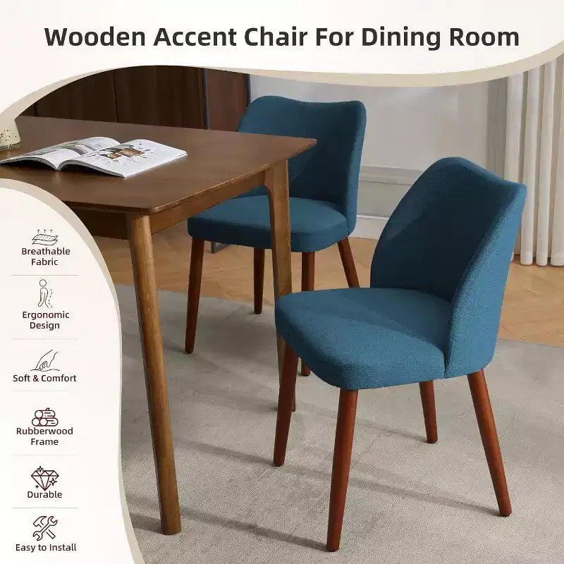 Linen Upholstered Dining Chair with Solid Wood Legs, Wooden Kitchen Chair, Kitchen Chairs with Thick Cushions for Dining Room, Living Room