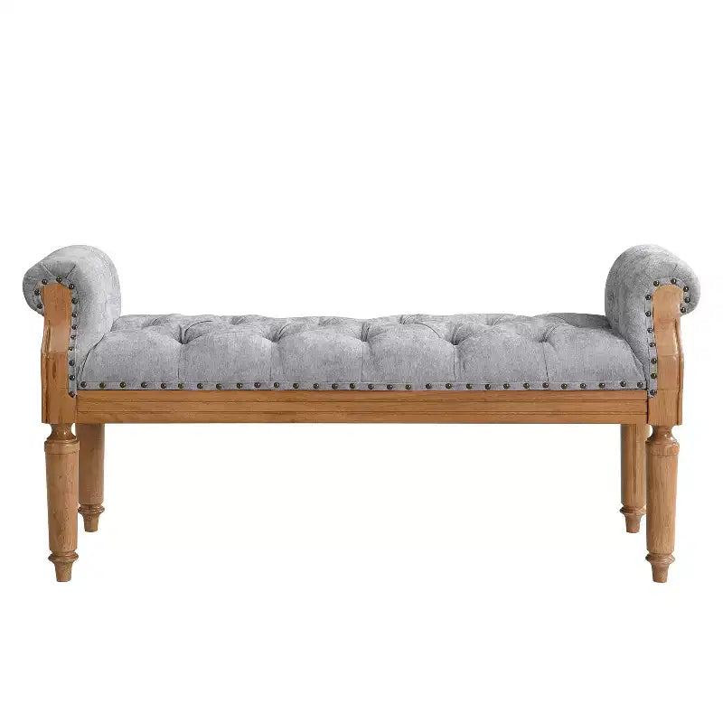 Christopher Knight Home Lena Mid-Century Modern Rubberwood Linen Upholstered Tufted Bench with Rolled Arms