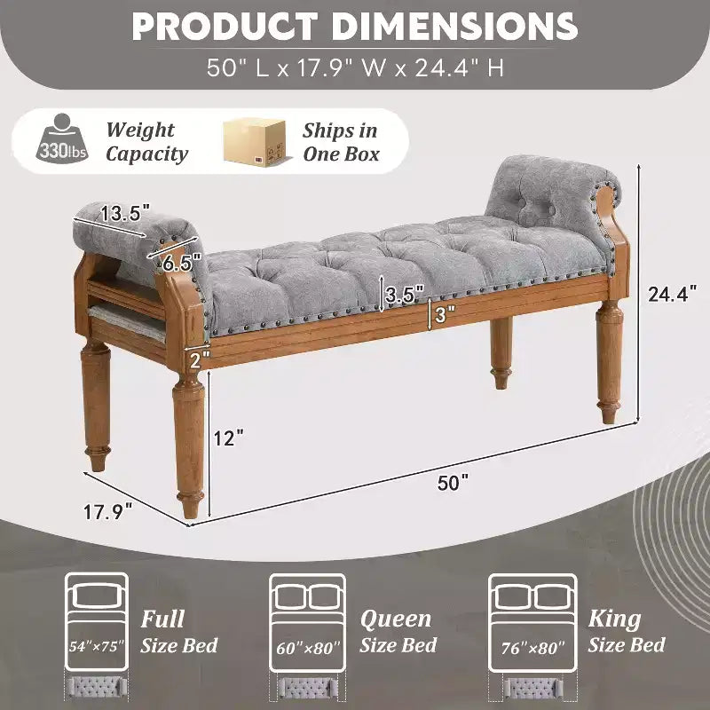 Christopher Knight Home Lena Mid-Century Modern Rubberwood Linen Upholstered Tufted Bench with Rolled Arms