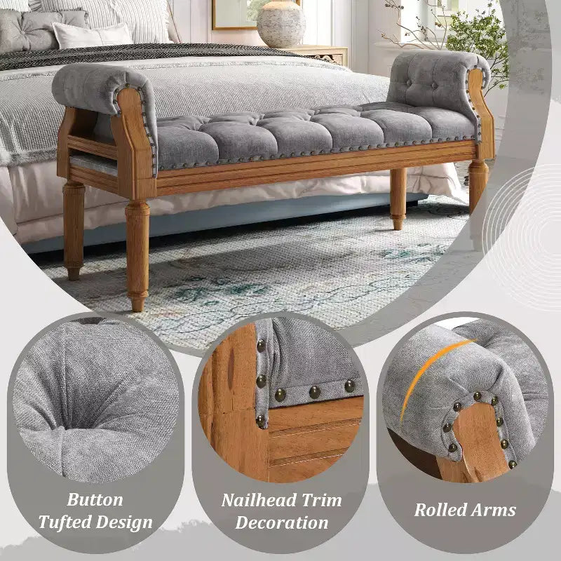 Christopher Knight Home Lena Mid-Century Modern Rubberwood Linen Upholstered Tufted Bench with Rolled Arms