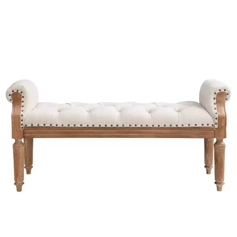 Christopher Knight Home Lena Mid-Century Modern Rubberwood Linen Upholstered Tufted Bench with Rolled Arms