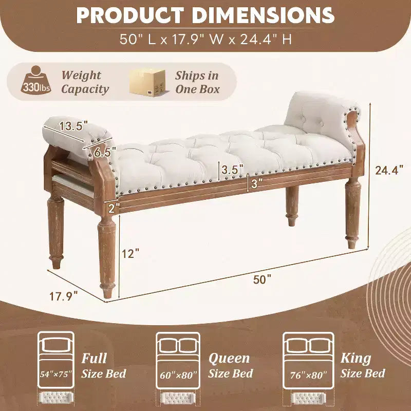 Christopher Knight Home Lena Mid-Century Modern Rubberwood Linen Upholstered Tufted Bench with Rolled Arms