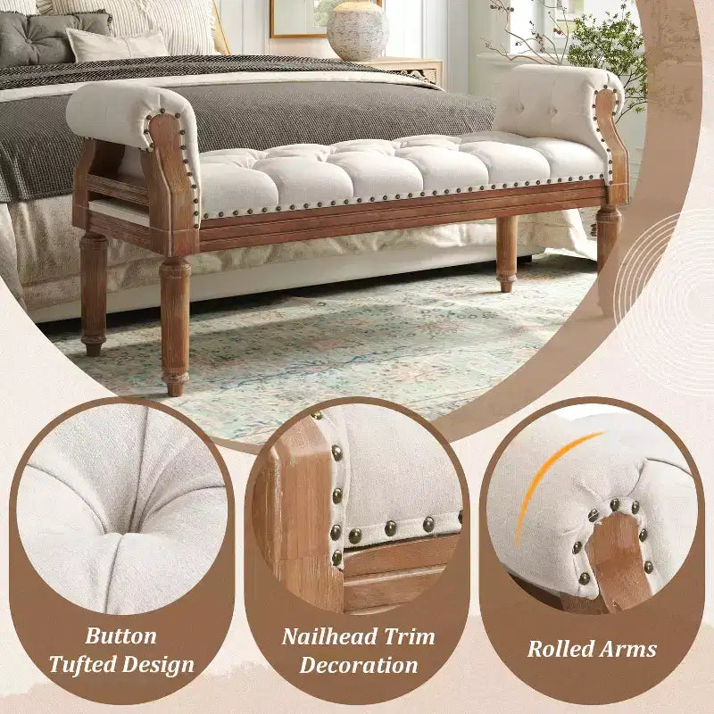 Christopher Knight Home Lena Mid-Century Modern Rubberwood Linen Upholstered Tufted Bench with Rolled Arms
