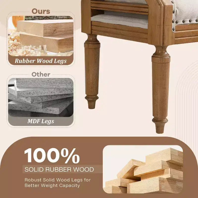 Christopher Knight Home Lena Mid-Century Modern Rubberwood Linen Upholstered Tufted Bench with Rolled Arms