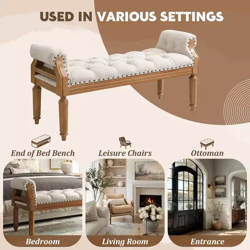 Christopher Knight Home Lena Mid-Century Modern Rubberwood Linen Upholstered Tufted Bench with Rolled Arms
