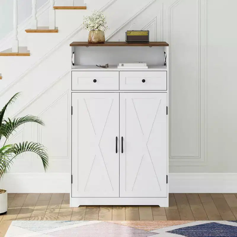 Modern Farmhouse Style Shoe Cabinet, Narrow Freestanding Shoe Rack Storage Cabinet with Drawers and Adjustable Shelves, Suitable for Foyer Storage