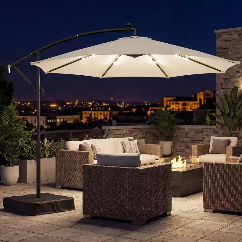 Parasol déporté de 3 m (10 pi) avec éclairage DEL solaire, poids avec sac de sable, parasol de jardin suspendu avec housse de protection, blanc crème