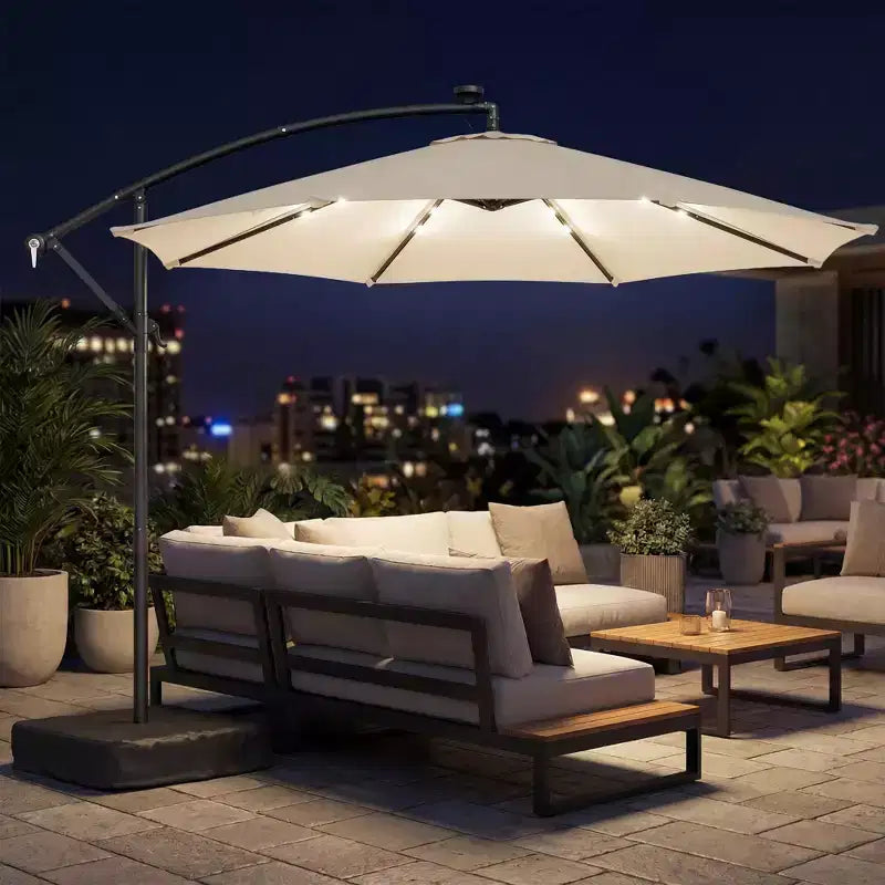 Parasol déporté de 3 m (10 pi) avec éclairage DEL solaire, poids avec sac de sable, parasol de jardin suspendu avec housse de protection, blanc crème