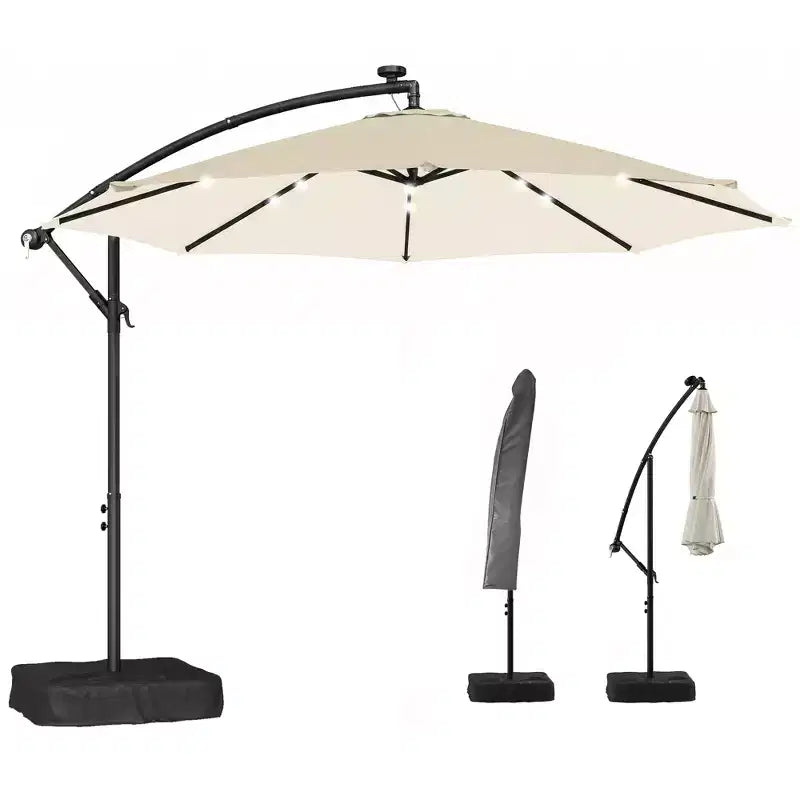Parasol déporté de 3 m (10 pi) avec éclairage DEL solaire, poids avec sac de sable, parasol de jardin suspendu avec housse de protection, blanc crème