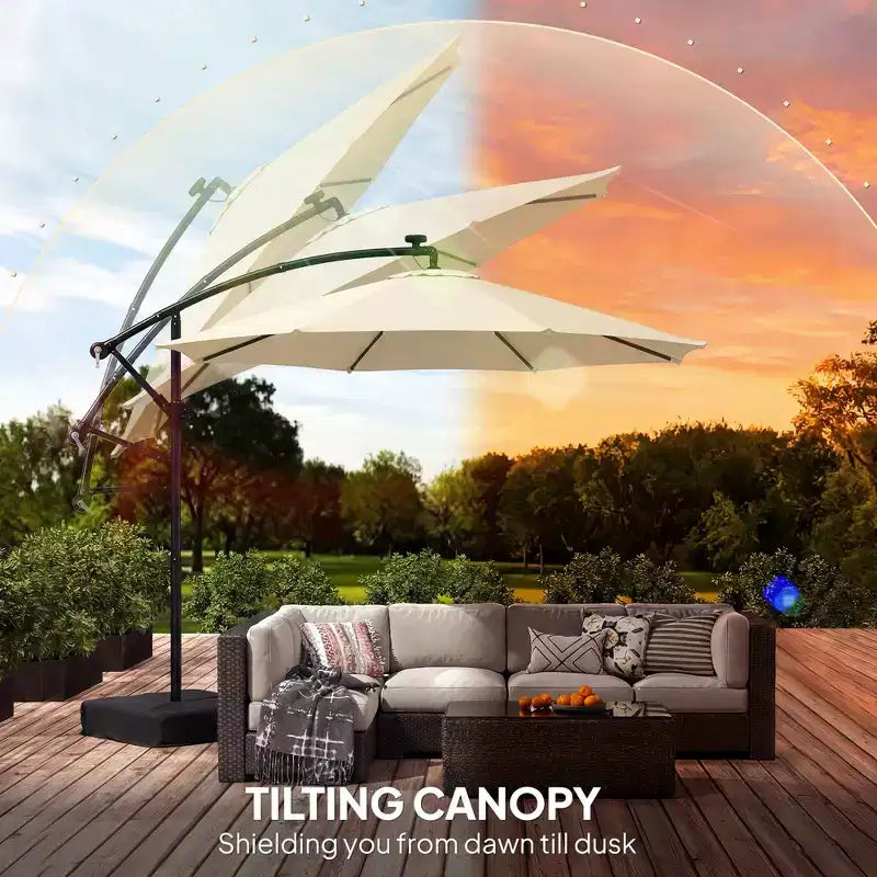 Parasol déporté de 3 m (10 pi) avec éclairage DEL solaire, poids avec sac de sable, parasol de jardin suspendu avec housse de protection, blanc crème