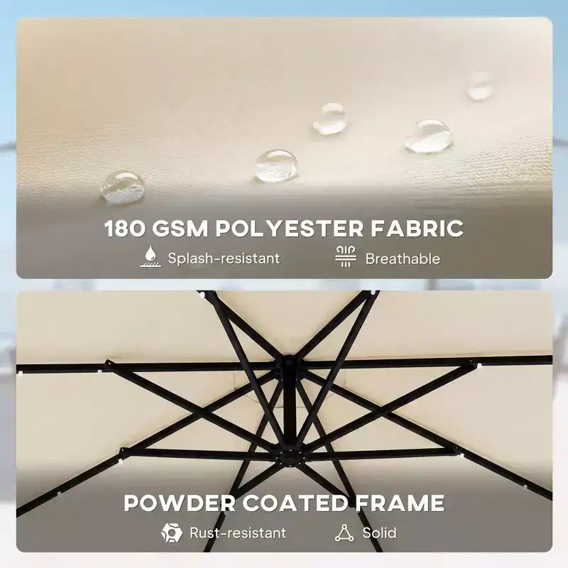 Parasol déporté de 3 m (10 pi) avec éclairage DEL solaire, poids avec sac de sable, parasol de jardin suspendu avec housse de protection, blanc crème