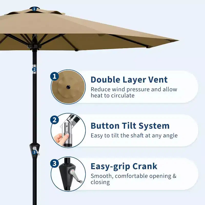 Parasol rond de 3 m, rotation à 360° par manivelle, inclinaison par bouton-poussoir, 8 baleines, protection UV imperméable, sans lumières, pour terrasse de piscine, cour, jardin