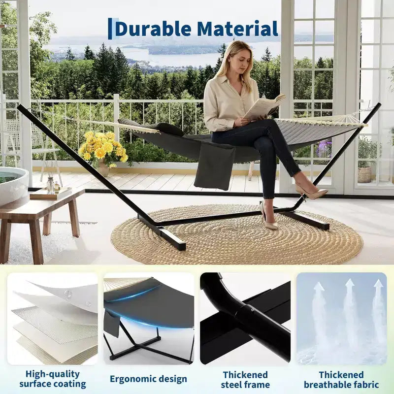 Hamac double d'extérieur avec support en acier robuste et réglable, hamac portable 2 personnes pour patio, jardin, plage, arrière-cour, capacité de 204 kg pour la relaxation