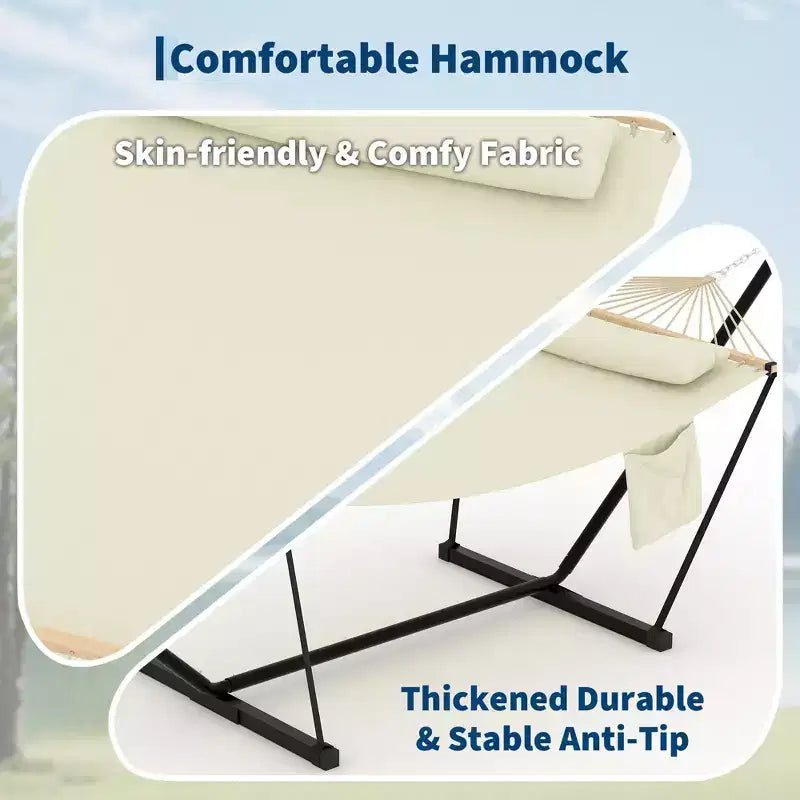 Hamac double d'extérieur avec support en acier robuste et réglable, hamac portable 2 personnes pour patio, jardin, plage, arrière-cour, capacité de 204 kg pour la relaxation