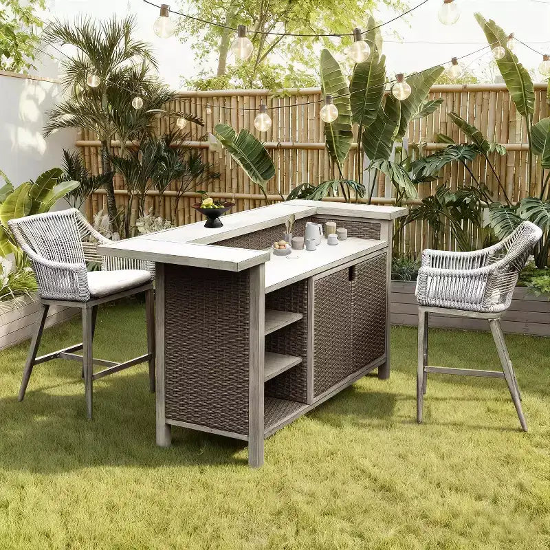 GDFStudio Wioletta Farmhouse Patio Wicker Aluminum Bar Table Cabinet