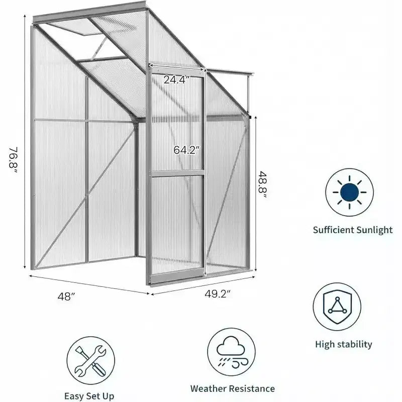 Kit de serre adossée 4x4FT, petite serre de plain-pied avec panneaux en polycarbonate, fenêtre de toit réglable, porte coulissante, serre de patio
