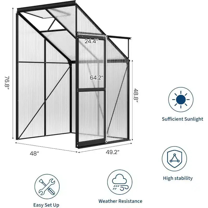 Kit de serre adossée 4x4FT, petite serre de plain-pied avec panneaux en polycarbonate, fenêtre de toit réglable, porte coulissante, serre de patio