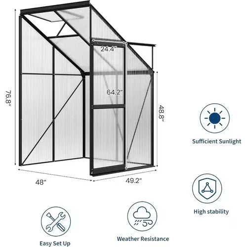 Kit de serre adossée 4x4FT, petite serre de plain-pied avec panneaux en polycarbonate, fenêtre de toit réglable, porte coulissante, serre de patio