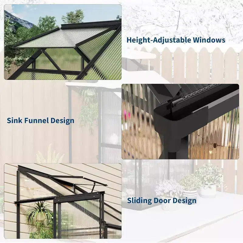 Kit de serre adossée 4x4FT, petite serre de plain-pied avec panneaux en polycarbonate, fenêtre de toit réglable, porte coulissante, serre de patio