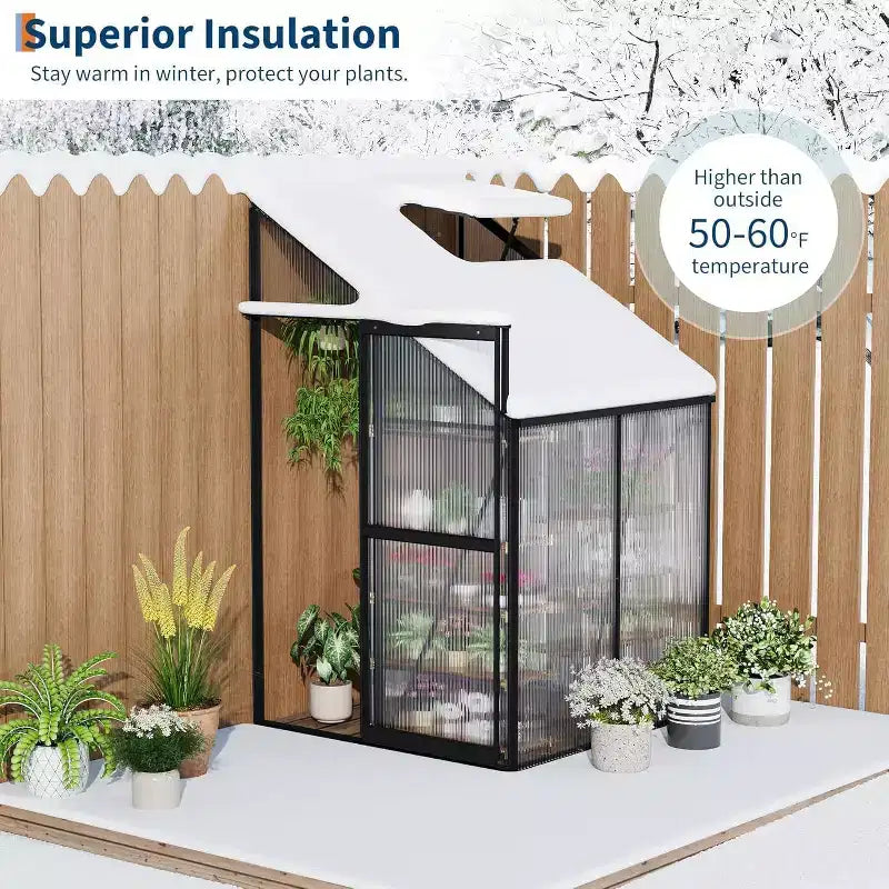 Kit de serre adossée 4x4FT, petite serre de plain-pied avec panneaux en polycarbonate, fenêtre de toit réglable, porte coulissante, serre de patio