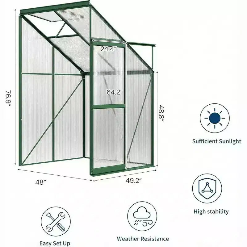 Kit de serre adossée 4x4FT, petite serre de plain-pied avec panneaux en polycarbonate, fenêtre de toit réglable, porte coulissante, serre de patio
