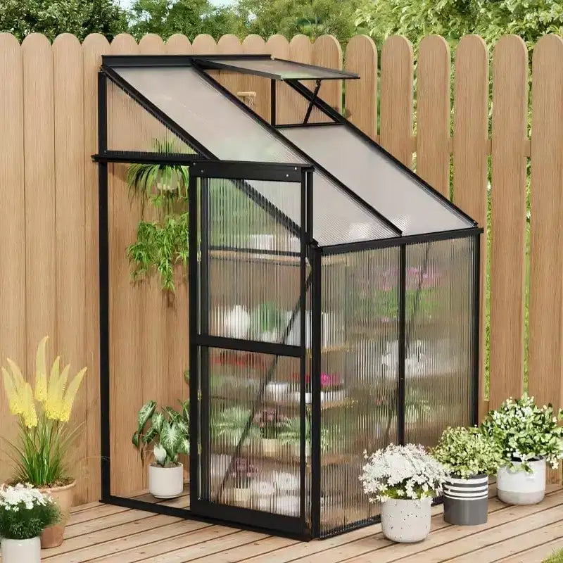4x4FT Lean to Greenhouse Kit, Small Walk-in Greenhouse with Polycarbonate Panels, Adjustable Roof Vent Window, Sliding Door Patio Grow House