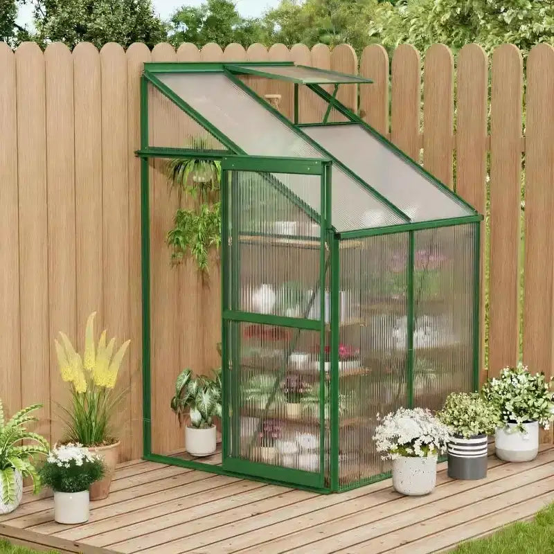 Kit de serre adossée 4x4FT, petite serre de plain-pied avec panneaux en polycarbonate, fenêtre de toit réglable, porte coulissante, serre de patio