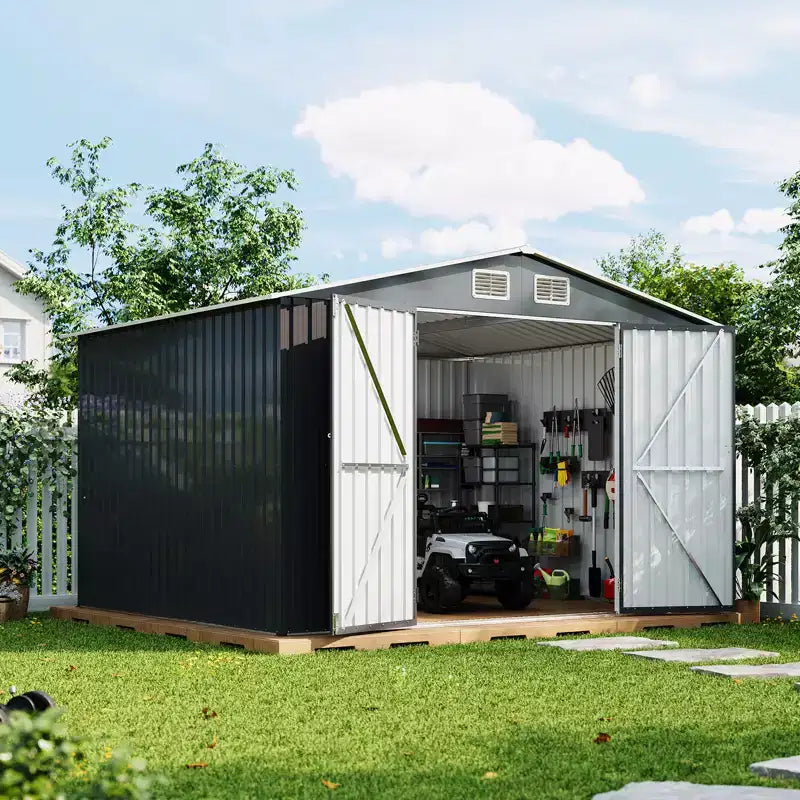 10x8 ft Metal Outdoor Storage  Galvanized Steel Utility Outdoors Storage with Lockable Double Doors for Tools, Bikes & Lawn Mower