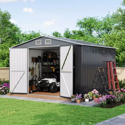 Abri de jardin 10x8 PI en acier galvanisé | Double porte étanche et verrouillable | Idéal pour ranger outils, vélos et tondeuses