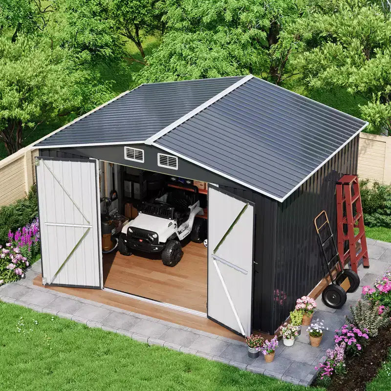 Abri de jardin 10x8 PI en acier galvanisé | Double porte étanche et verrouillable | Idéal pour ranger outils, vélos et tondeuses