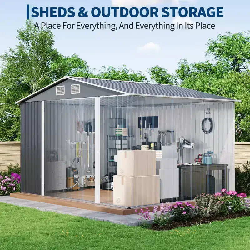 Abri de jardin 10x8 PI en acier galvanisé | Double porte étanche et verrouillable | Idéal pour ranger outils, vélos et tondeuses